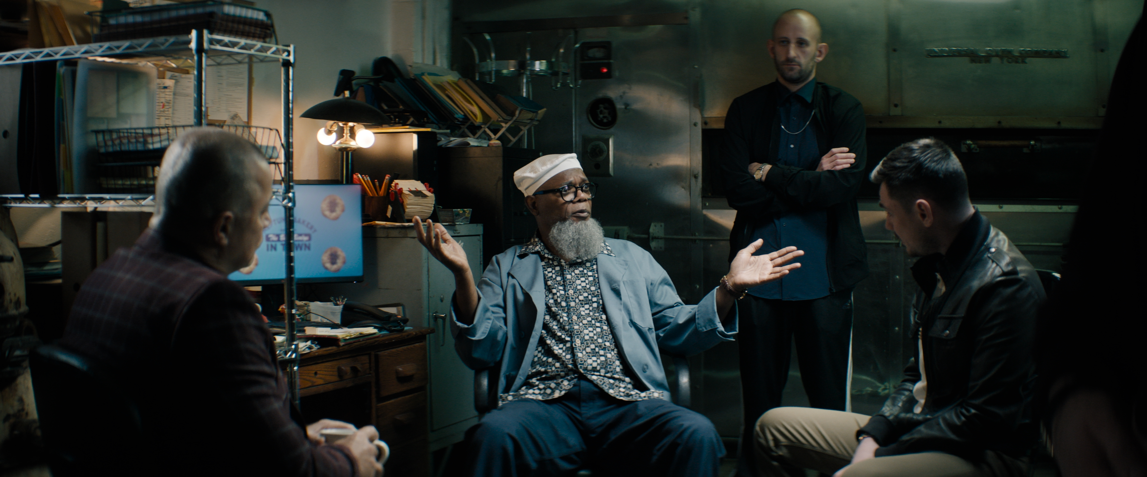 Samuel L. Jackson, Nikolai Tsankov, and Noam Shapiro in The Kill Room (2023)