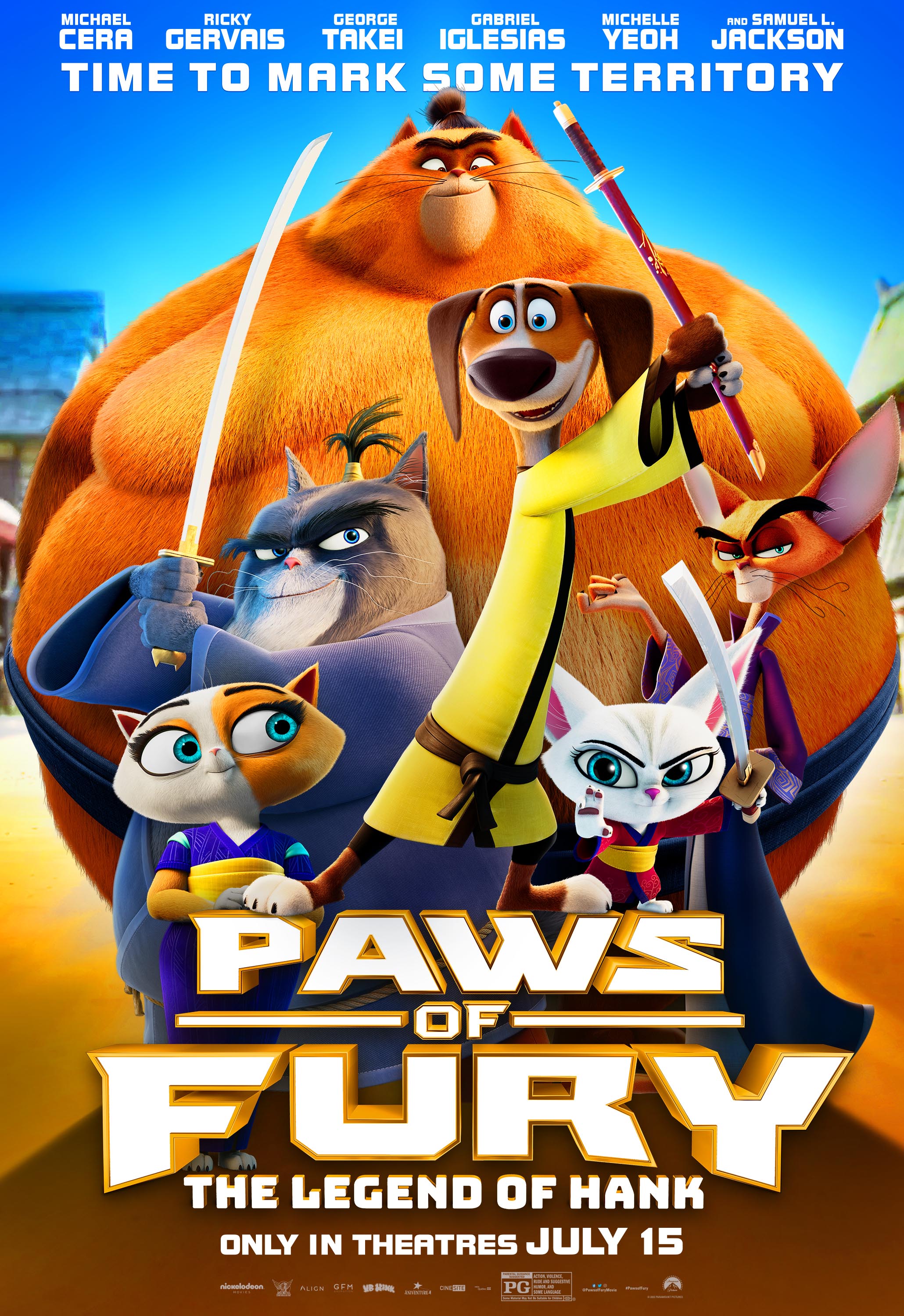 Samuel L. Jackson, Michelle Yeoh, Djimon Hounsou, Michael Cera, Ricky Gervais, and Kylie Kuioka in Paws of Fury: The Legend of Hank (2022)