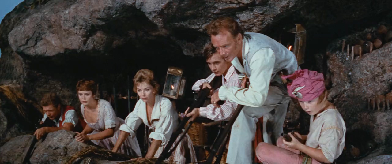 Kevin Corcoran, Tommy Kirk, James MacArthur, Dorothy McGuire, John Mills, and Janet Munro in Swiss Family Robinson (1960)