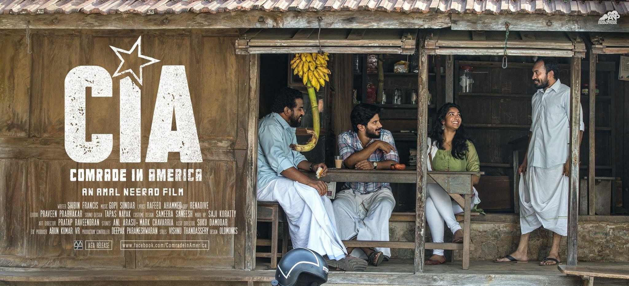 Dileesh Pothan, Dulquer Salmaan, Soubin Shahir, and Karthika Muraleedharan in CIA: Comrade in America (2017)