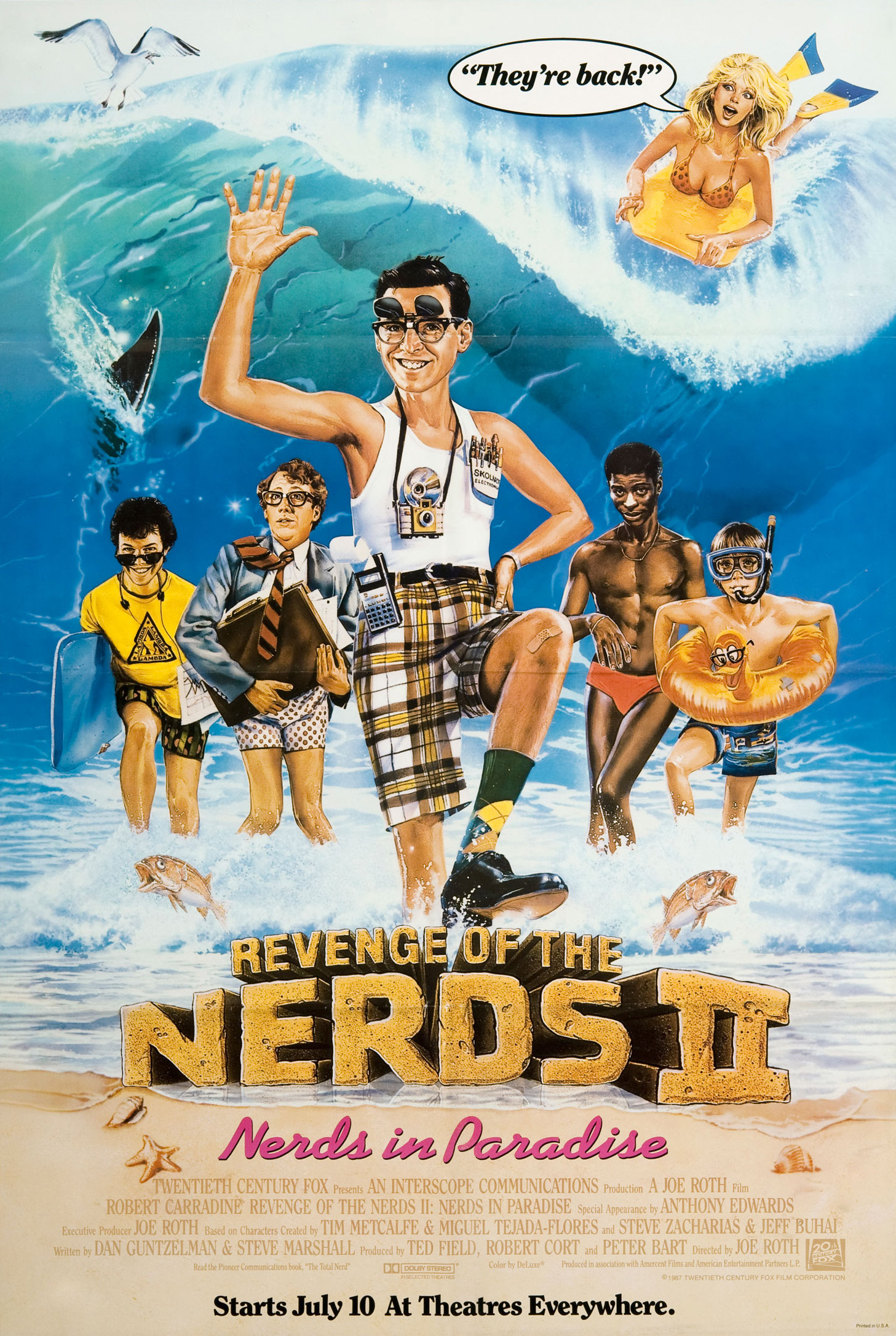 Robert Carradine, Courtney Thorne-Smith, Curtis Armstrong, Timothy Busfield, Andrew Cassese, and Larry B. Scott in Revenge of the Nerds II: Nerds in Paradise (1987)