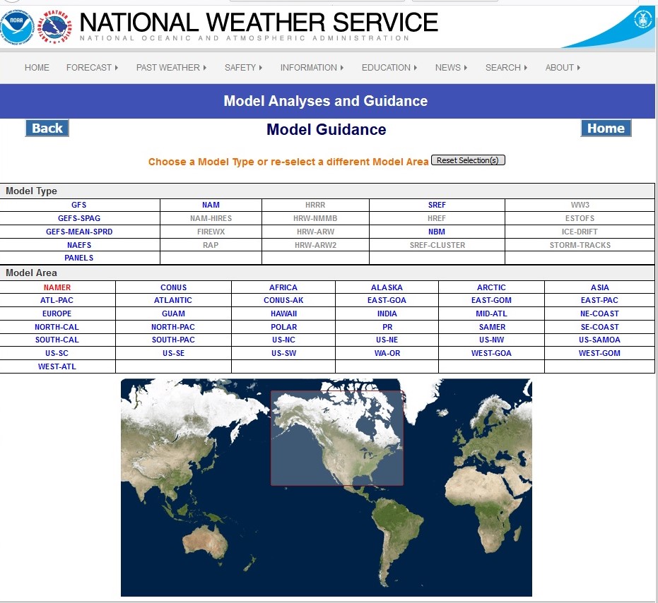 Model Guidance Area/Model Selection showing NAMER selected