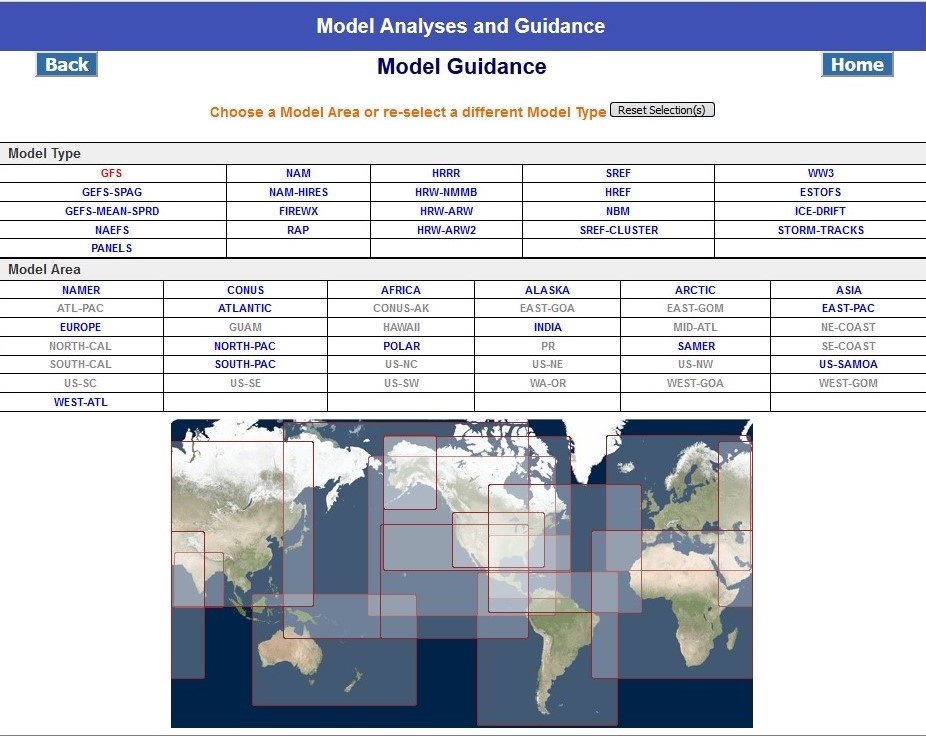 Model Guidance Area/Model Selection showing GFS selected