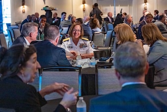 NEWPORT, R.I. (Aug. 29, 2023) – Vice Chief of Naval Operations Adm. Lisa Franchetti attends the ninth annual Southeastern New England Defense Industry (SENEDIA) Defense Innovation Days, in Newport, R.I., Aug. 29. Defense Innovation Days is a three-day conference that brings together national security experts and policymakers with defense industry leaders developing innovative technologies and the next-generation workforce. (U.S. Navy photo by Chief Mass Communication Specialist Amanda R. Gray/released)