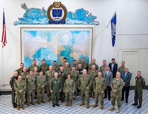 NEWPORT, R.I. (Aug. 30, 2023) – Vice Chief of Naval Operations Adm. Lisa Franchetti poses for a photo with senior officers and civilians at the CNO Futures Wargame in Newport, Rhode Island, Aug. 30. The CNO Futures Wargame is a forum for senior officers and civilians to discuss enduring roles and missions for the future Navy, and concepts and capabilities required for its employment. (U.S. Navy photo by Chief Mass Communication Specialist Amanda R. Gray/released)