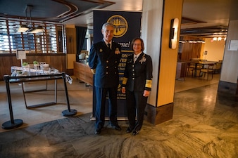 NEWPORT, R.I. (Sept. 22, 2023) – Vice Chief of Naval Operations Adm. Lisa Franchetti meets with Chief of Staff of the Spanish Navy Adm. Antonio Piñeiro during the 25th International Seapower Symposium (ISS), in Newport, R.I, Sept. 22. ISS is a biennial event hosted by the Office of the Chief of Naval Operations (CNO) at the United States Naval War College since 1969. The symposium provides a forum for dialogue that bolsters maritime security by providing opportunities for international heads of navies and coast guards to collaborate, develop trust, and further maritime training. (U.S. Navy photo by Chief Mass Communication Specialist Amanda Gray/Released)