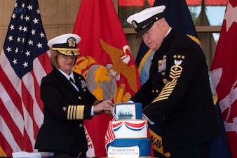 WASHINGTON - Vice Chief of Naval Operations Admiral Lisa Franchetti and Master Chief Petty Officer of the Navy James Honea cut the Navy birthday cake during the Chief of Naval Operations Navy birthday celebration at the Pentagon in Washington D.C., Oct. 13, 2023. This year's theme to commemorate the Navy's 248th birthday is Power, Presence, and Protection,” highlighting the U.S Navy’s historical and long-standing commitment to being forward deployed, highly trained, and dedicated to defending American interests at sea, on land, and in the sky. (U.S. Navy photo by Senior Chief Mass Communication Anastasia McCarroll)