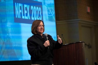 POTOMAC, Md. (Oct. 23, 2023) -- Vice Chief of Naval Operations Adm. Lisa Franchetti speaks to new flag officers, command master chiefs, senior executive service members and their spouses, during the Navy New Flag Officer and Senior Executive Symposium (NFLEX) at the Bolger Center, Oct. 23. Franchetti answered questions and discussed the transition from being successful managers to becoming executive leaders during the symposium. (U.S. Navy photo by Chief Mass Communication Specialist Amanda R. Gray)