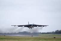 A U.S. Air Force B-52H Stratofortress assigned to the 20th Expeditionary Bomb Squadron takes off from RAF Fairford, England, Dec. 10, 2024. The 20th EBS returned to Barksdale Air Force Base, Louisiana, after completing a routine Bomber Task Force deployment. BTF operations are the global employment of U.S. strategic bombers in various capacities, providing strategic military advantage throughout the continuum of campaigning to achieve National and Combatant Commander objectives. (U.S. Air Force photo by Senior Airman Jacob Cabanero)