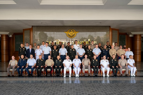 Adm. Samuel J. Paparo, commander of U.S. Indo-Pacific Command, joins senior U.S. and Royal Thai Armed Forces leaders for a group photo during the Senior Leader Dialogue at the RTARF headquarters in Bangkok, Dec. 17, 2024.