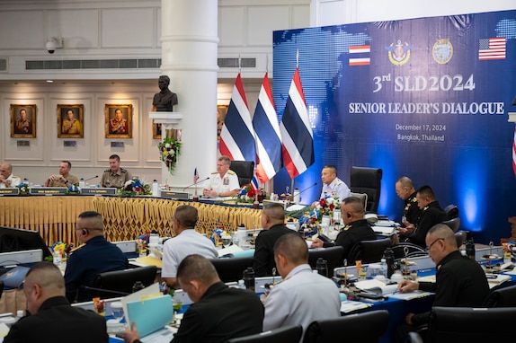 Adm. Samuel J. Paparo, commander of U.S. Indo-Pacific Command, and Chief of Defence for the Royal Thai Armed Forces Gen. Songwit Noonpackdee participate in a Senior Leader Dialogue at the Royal Thai Armed Forces headquarters in Bangkok, Dec. 17, 2024.