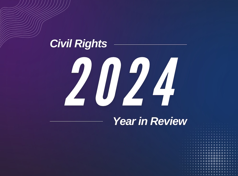 Purple background with text Civil Rights centered top left with a line. Below that in larger text is 2024. Below that is a another line with text year in review.