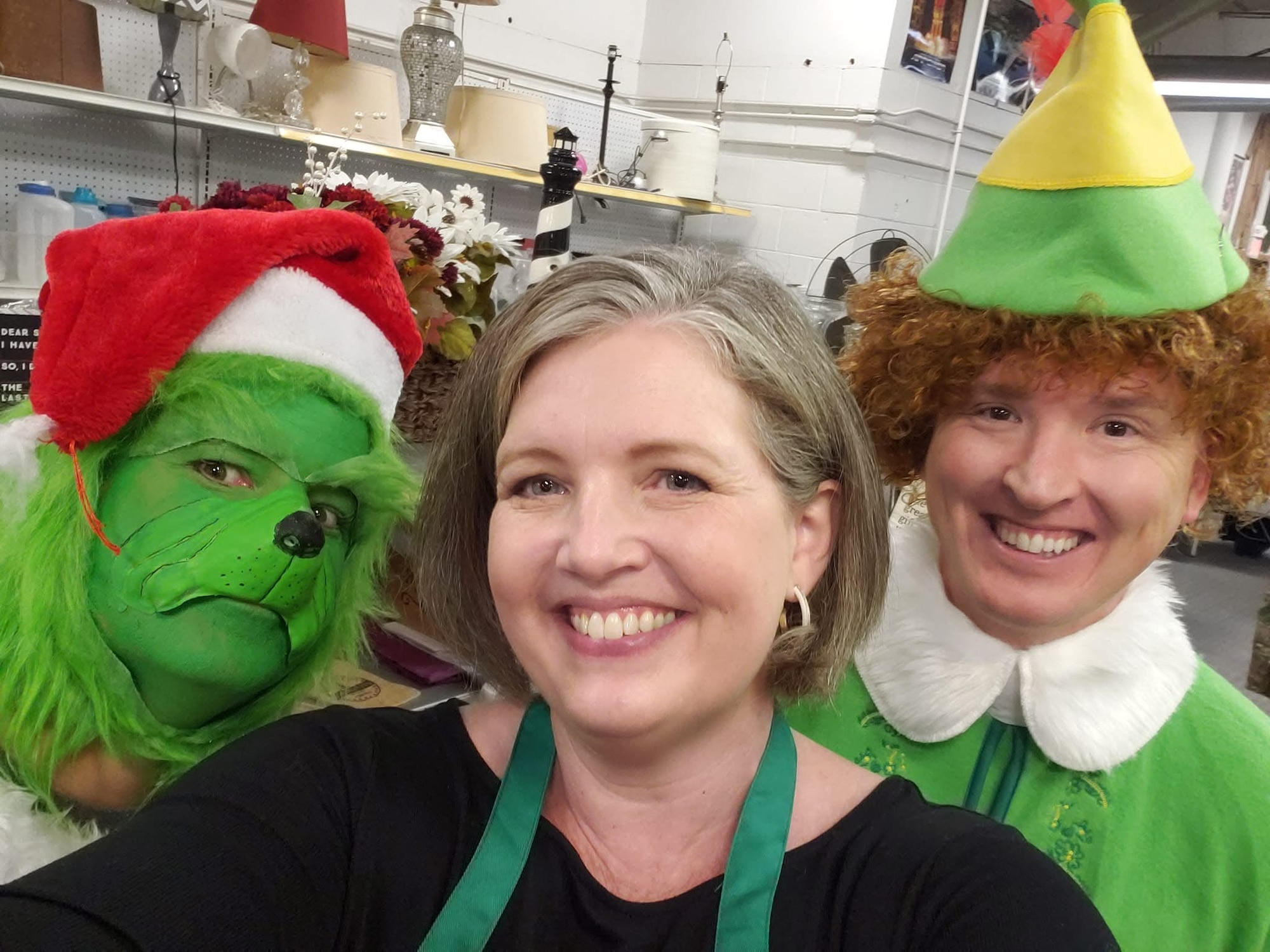 the Grinch and Buddy the Elf pose for a selfie with a lady