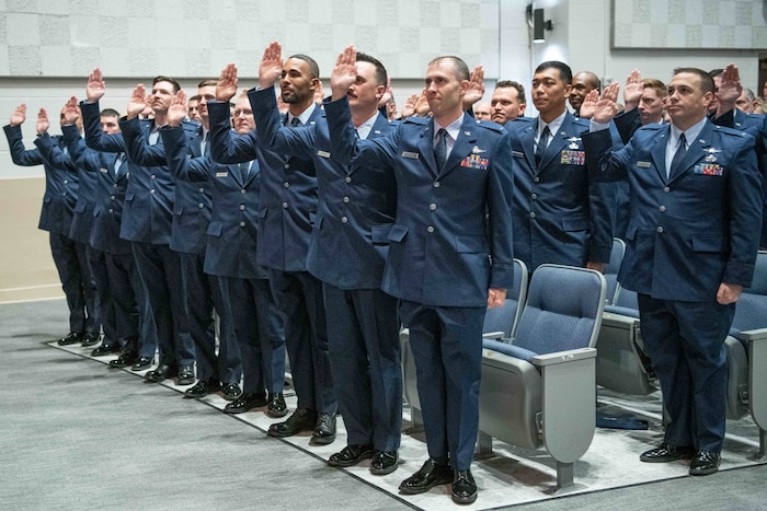 The inaugural class of the U.S. Air Force’s Warrant Officer Training School take the oath of office at Maxwell Air Force Base, Ala., Dec. 6, 2024.