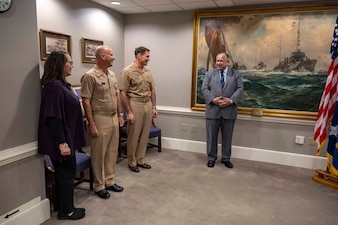 WASHINGTON (Jan. 5, 2024) - Secretary of the Navy Carlos Del Toro delivers remarks during an assumption of office ceremony for Adm. James Kilby held at the Pentagon, Jan. 5. Kilby assumed the duties and responsibilities of the 43rd Vice Chief of Naval Operations during the ceremony. (U.S. Navy photo by Chief Mass Communication Specialist Amanda R. Gray)