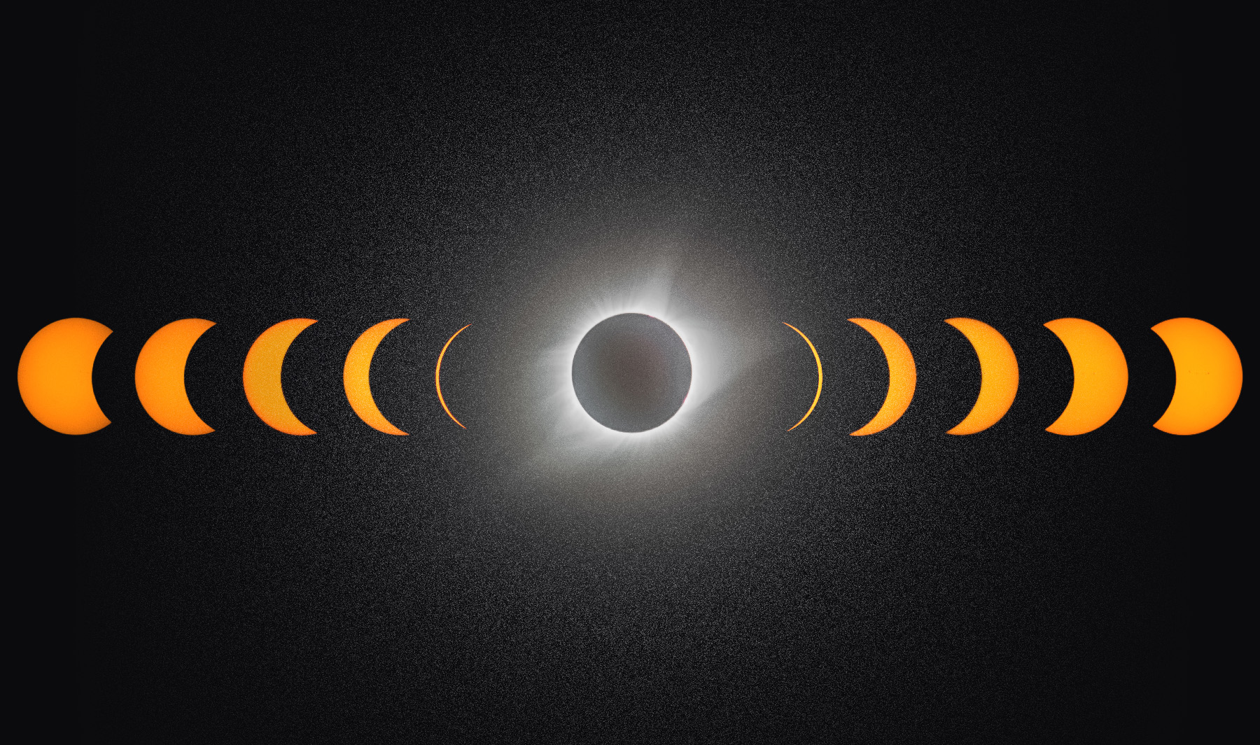 A photo illustration showing the progression of the eclipse as the moon passes in front of the sun. In the middle is an image totality. A ring of bright whispy light surrounds the silhouette of the moon.