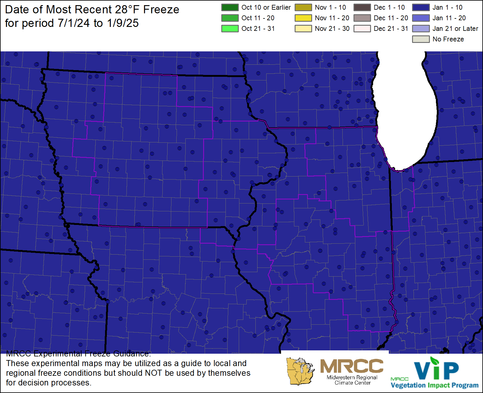 Observed date of most recent hard freeze (28 deg.) Image courtesy MRCC