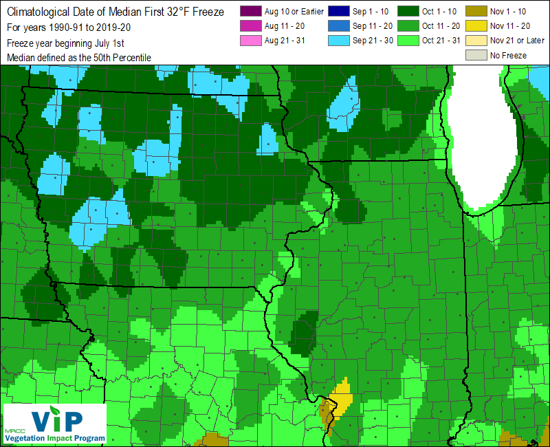 Average date of first freeze. Image courtesy MRCC