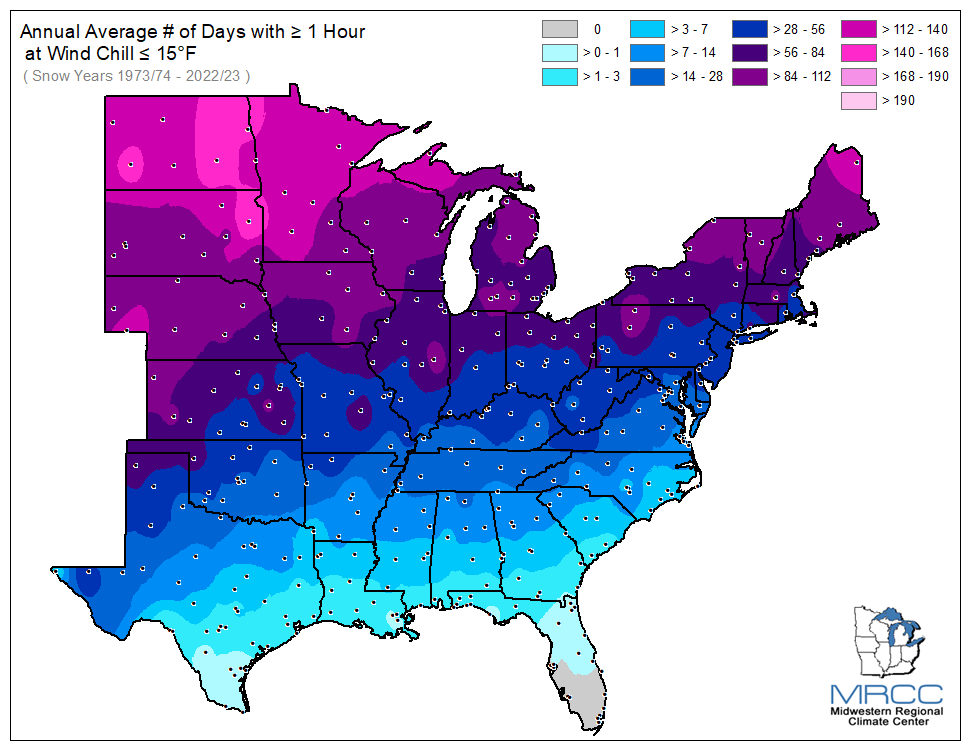 Average Number of Days Wind Chill was less than or equal to 15 degrees