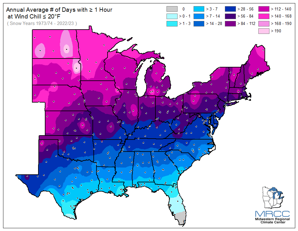 Average Number of Days Wind Chill was less than or equal to 20 degrees