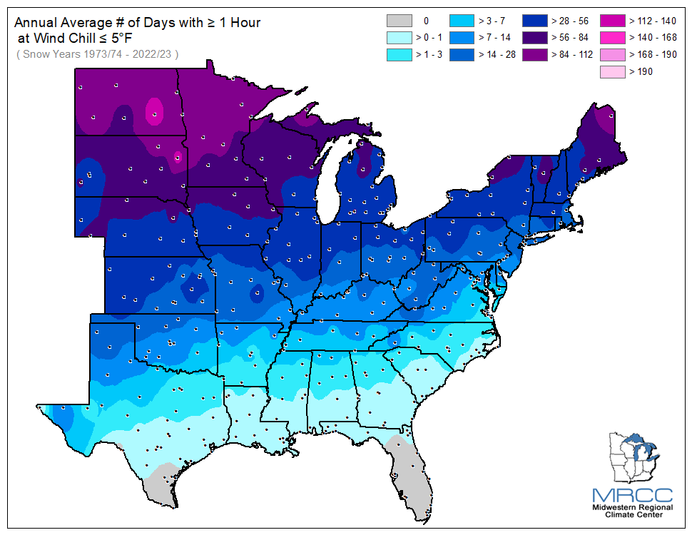 Average Number of Days Wind Chill was less than or equal to 5 degrees