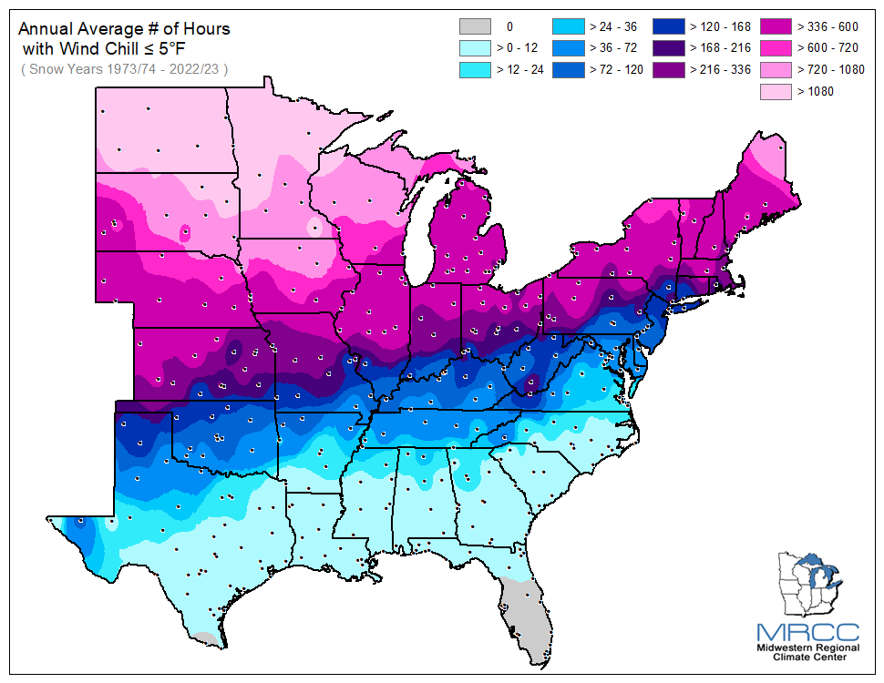 Average Number of Hours Wind Chill was less than or equal to 5 degrees