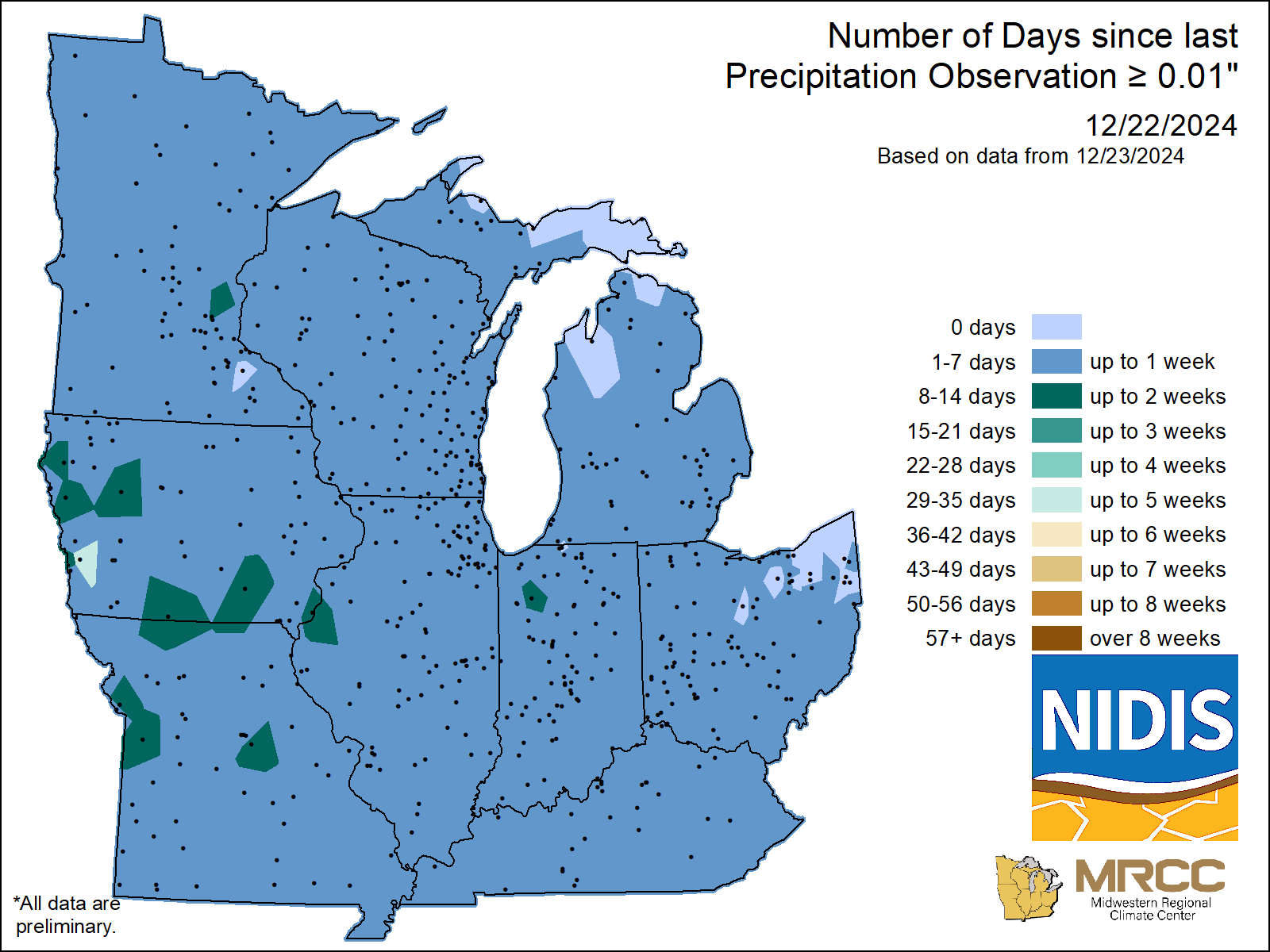 map Number of Days without precipitation greater or equal to 0.01 
     inch