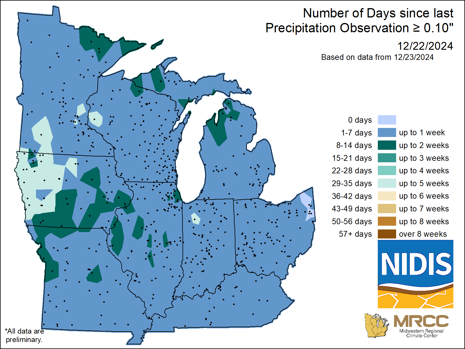 map Number of Days without precipitation greater or equal to 0.10 
     inch