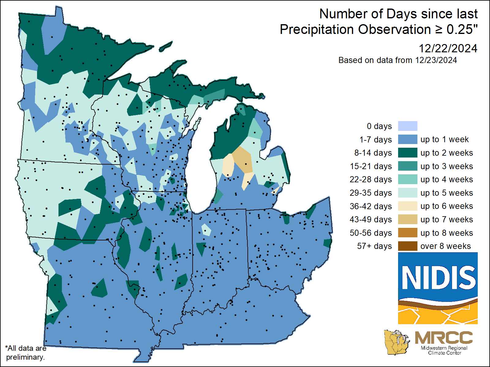 map Number of Days without precipitation greater or equal to 0.25 
     inch