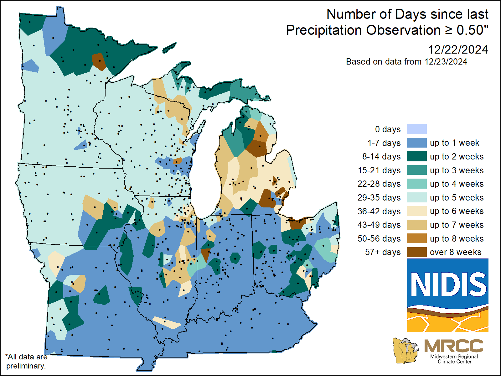 map Number of Days without precipitation greater or equal to 0.50 
     inch