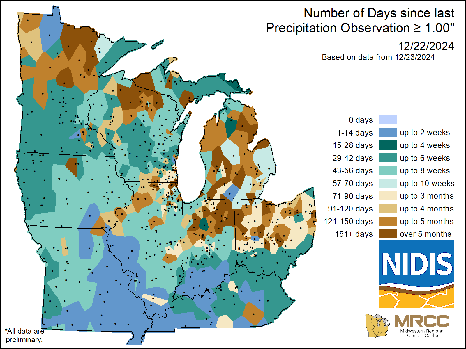 map Number of Days without precipitation greater or equal to 1.00 
     inch