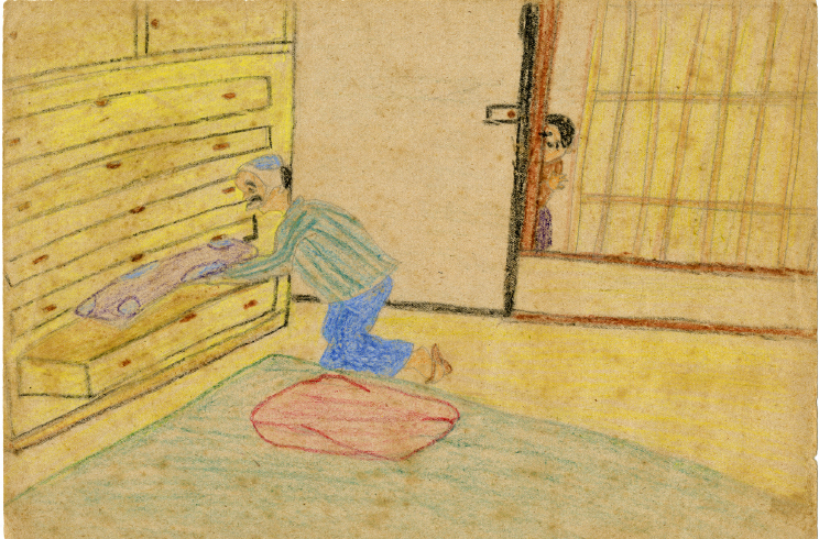 FIGURE 8. Drawing by evacuee Noma Seizō, entitled “The Thief,” 1944, apparently depicting a child watching an adult stealing from a drawer. The drawing is preserved at the (Kyoto) State School Museum (Kokumin Gakkō Hakubutsukan).