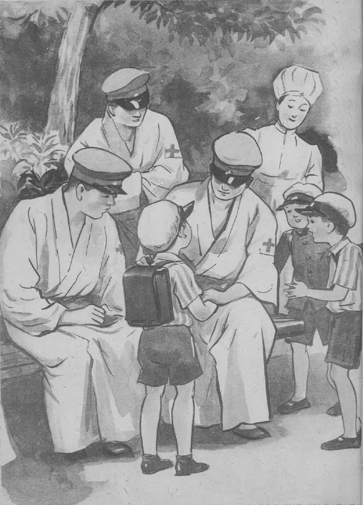 FIGURE 10. Japanese children with injured members of the Imperial Army, 1940. From Kōdansha no ehon: Nippon no rikugun—Jūgo dōwa heitaisan to kodomo (Kōdansha picture book: Japan’s Army—Home-front children’s stories about soldiers and children), Dai Nippon Yūbenkai Kōdansha, 1940, p. 75.