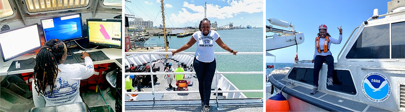 A series of images showing Victoria Obura acquiring data on a survey launch, standing on the bridge of NOAA Ship Thomas Jefferson, and preparing to board the survey launch.