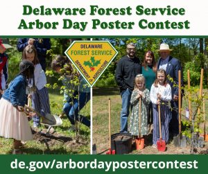 Left - tree-planting volunteers; Right - family at 2024 Arbor Day tree-planting