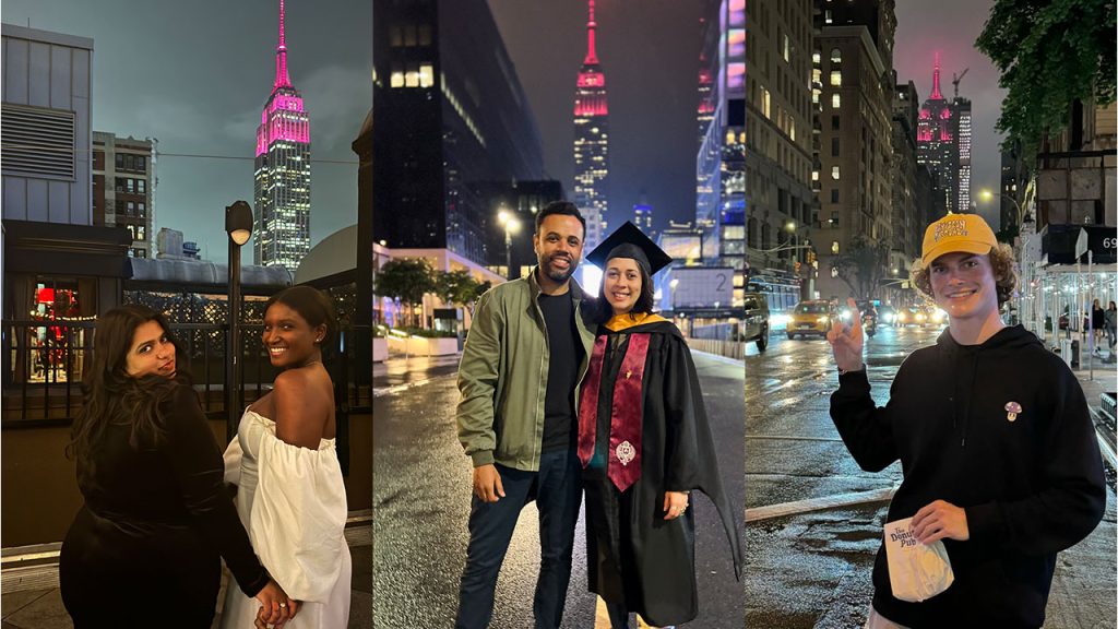 Collage of 3 photos side by side, of students with the Empire State Building lit in maroon. 