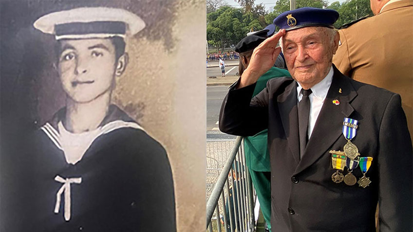 Side-by-side images of a young sailor in a vintage uniform and an elderly man in a suit with medals, saluting.