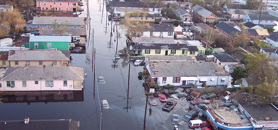 View of Hurricane Katrina destruction in the City of New Orleans taken from a U.S. Coast Guard helicopter during an aerial pollution survey, September 5, 2005, New Orleans, Louisiana