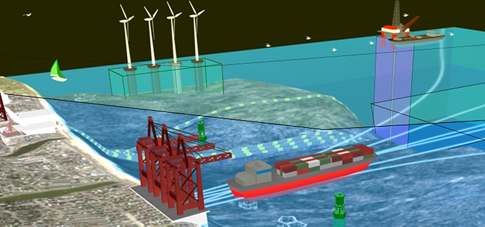 3-D map of ocean and coast showing different human uses