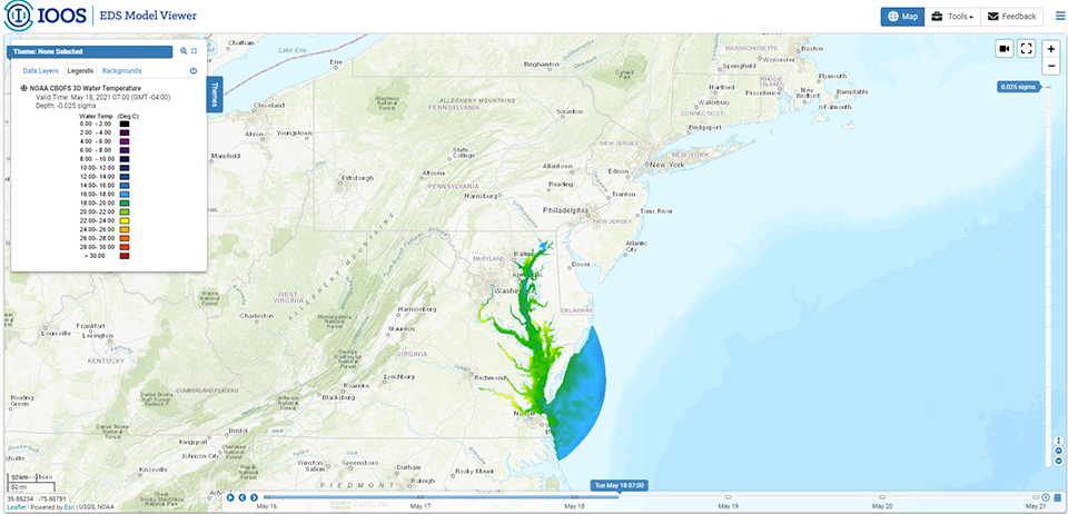  A screenshot of the Chesapeake Bay Operational Forecast System 3D Water Temperature taken from the U.S. Integrated Ocean Observing System (IOOSⓇ) Model Viewer. 