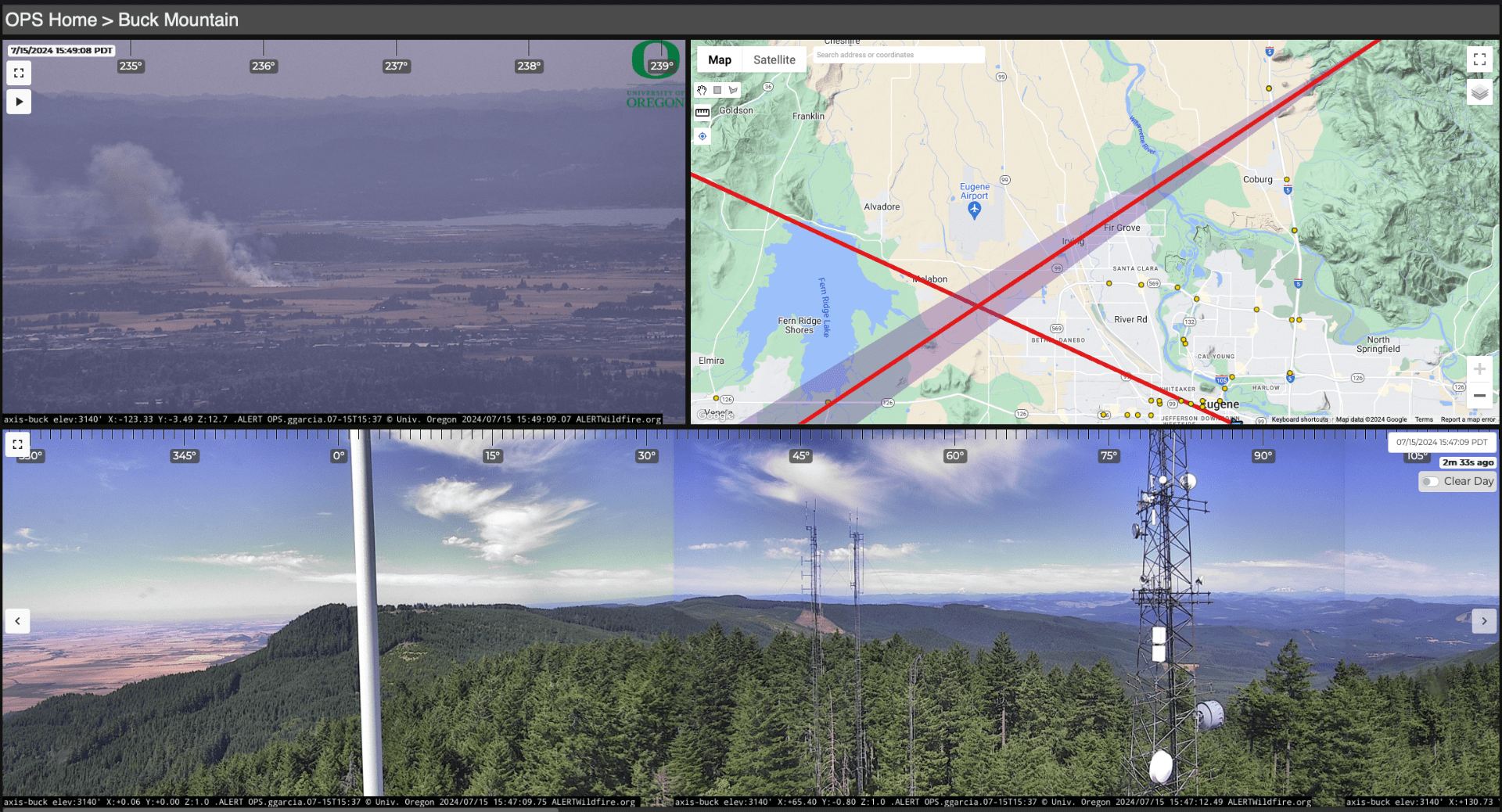 This screenshot shows from a wildfire detection camera shows a new fire being detected.