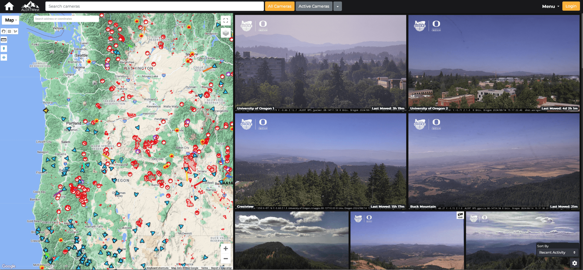 This screenshot shows multiple wildfire camera feeds and a map of camera locations.