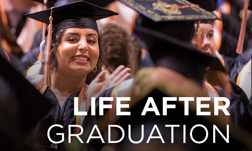 Life After Graduation, Image of students clapping in cap and gown at a graduation ceremony.