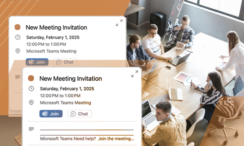 Image: double image of an Outlook Meeting invitation with a group of people at a meeting table.