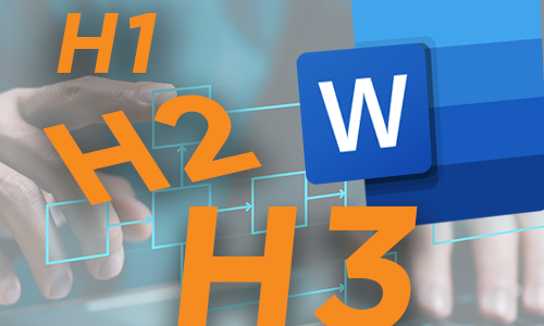 H1, H2, H3, Microsoft Word logo,and image of someone taping on.a site layout