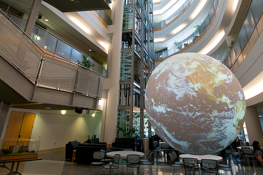 The atrium in the National Weather Center, featuring Science on a Sphere.