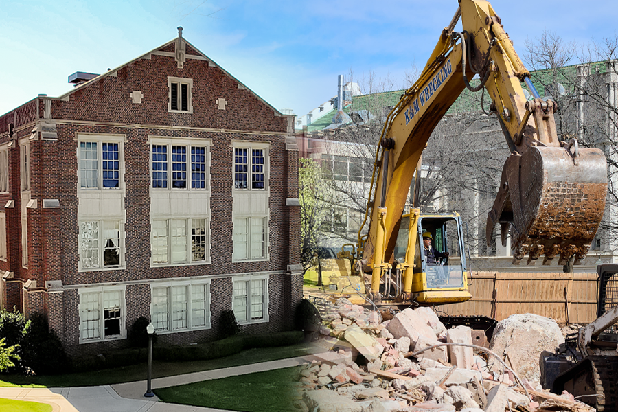 A photo of Sutton Hall on the left and a photo of the demolition on the right.