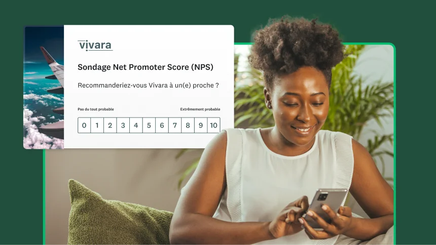 Une femme en train de regarder son téléphone portable avec, en incrustation, un sondage NPS.