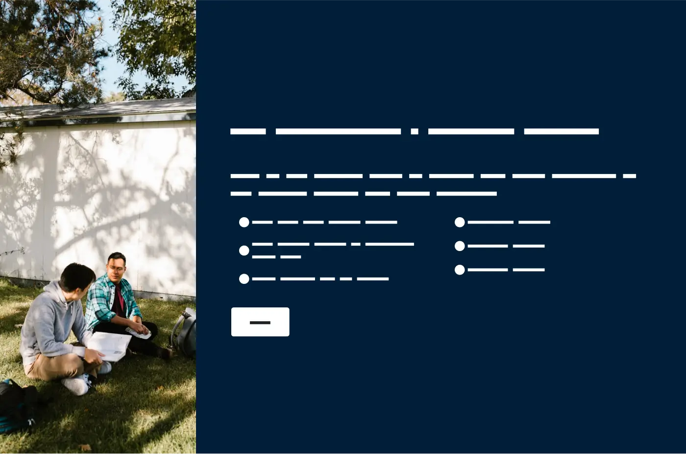 Two people sitting in a backyard, next to survey question