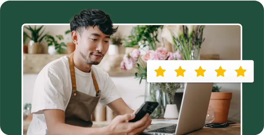 Flower shop owner looking at his phone, next to a review showing 5 out of 5 stars